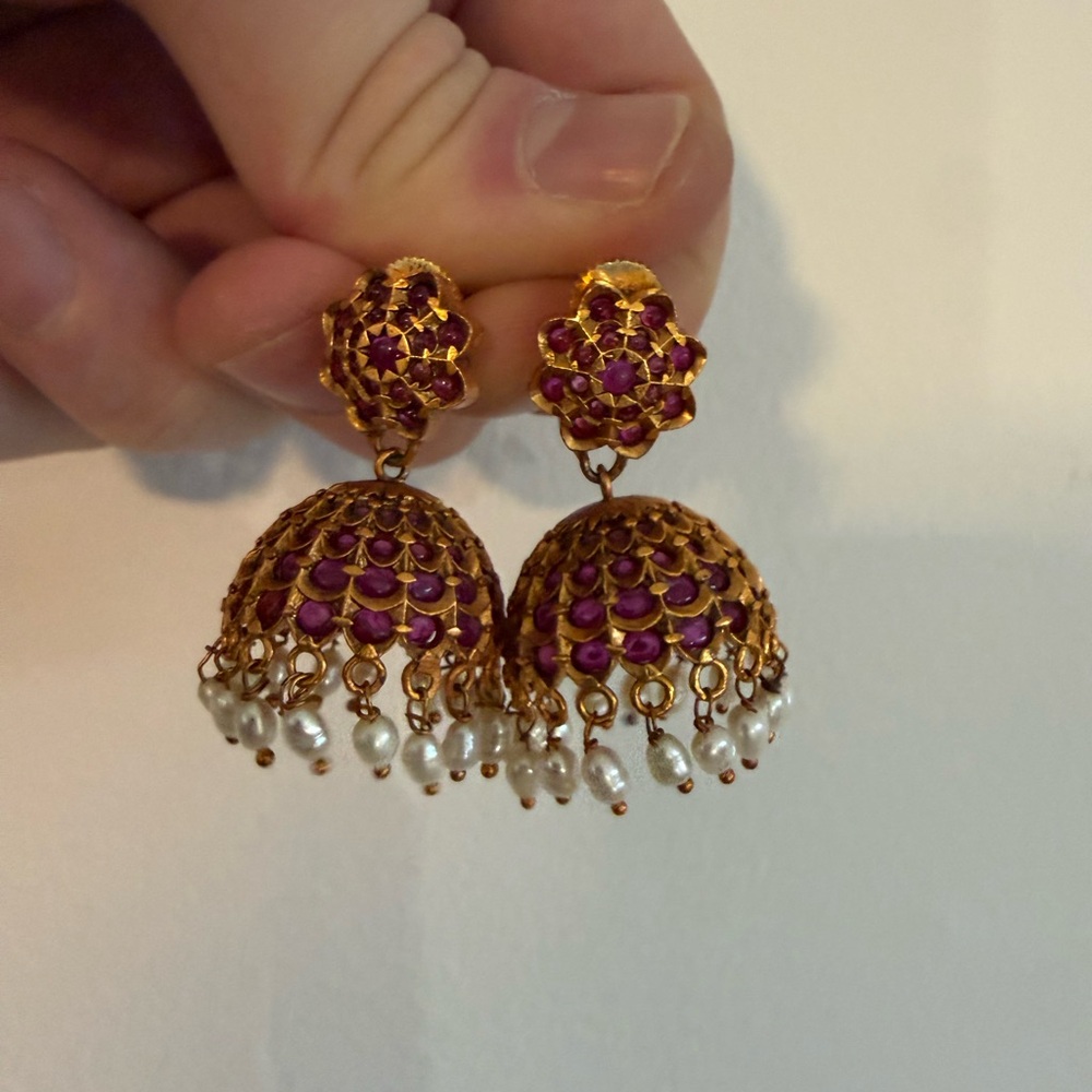 Elegant Gold and Purple Jhumka Costume Jewelry Earrings